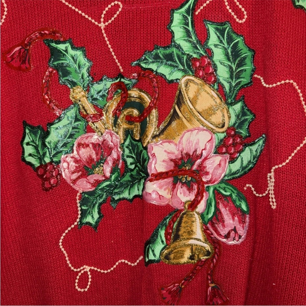 Vintage Festive Red Sweater with Floral Embroidery - Picture 3 of 6